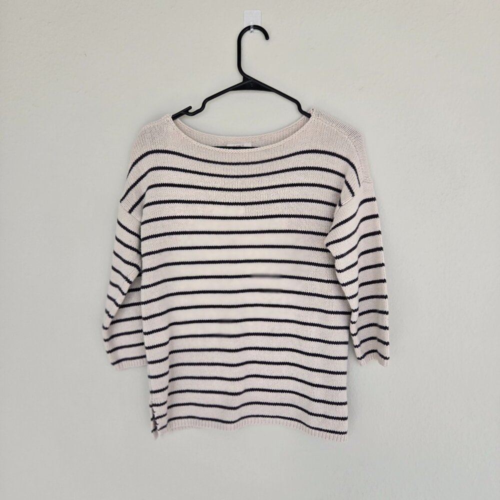 Boat neck navy and cream loft petite sweater